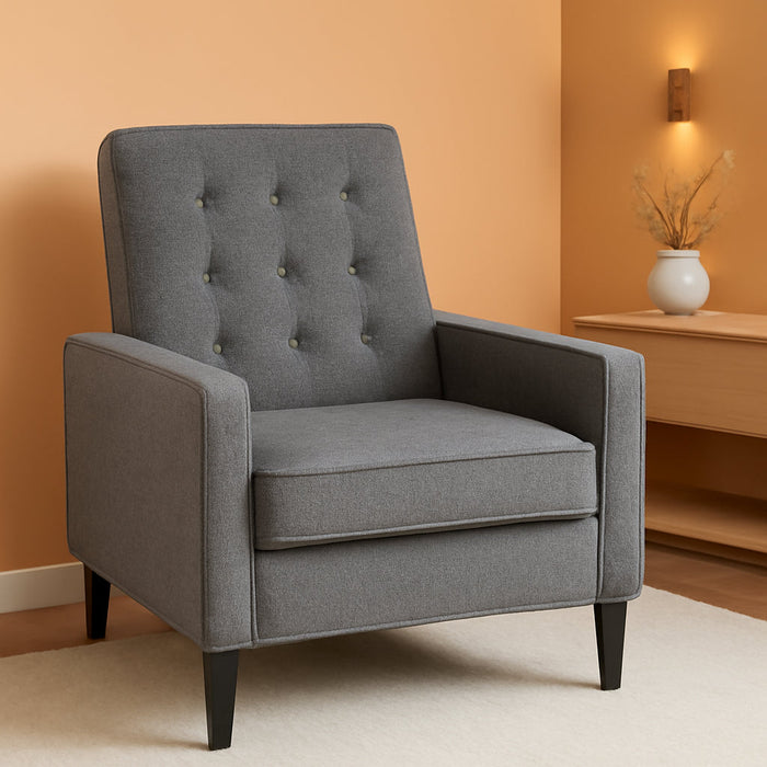 Ezra Ezra Pushback Recliner - Mid-Century Modern Gray Fabric Upholstery - Button Tufted Back - Residential & Commercial Use