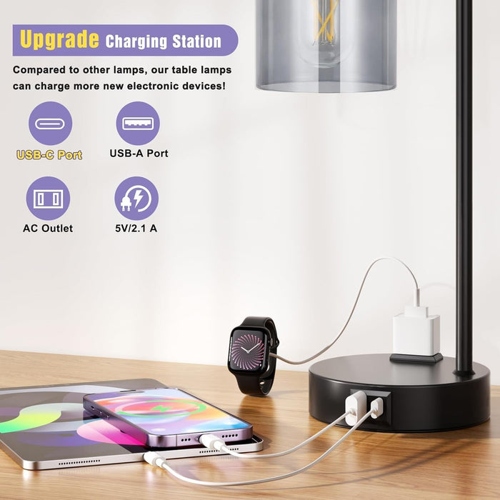 Industrial Touch Bedroom Lamps for Bedrooms Set of 2-3-Way Dimmable Table Lamps with USB C+A Ports and Outlet, Bedside Lamps with Gray Glass Shade for Living Room, Desk Lamps for Home Office