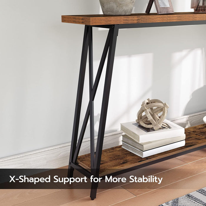 Console Table for Entryway, 63" Industrial Entryway Table, 2-Tier Extra Long Sofa Table behind Couch, X-Shaped Support, for Entryway, Hallway, Living Room, Rustic Brown CTHR4801Z