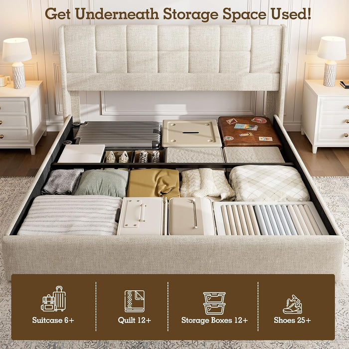 King Bed Frame with Hydraulic Gas Lift up Storage, Linen Upholstered