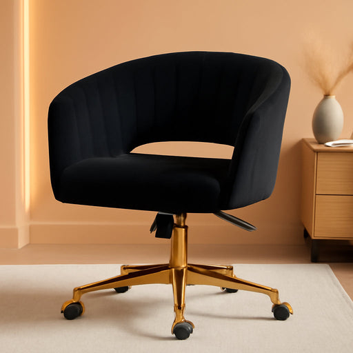 Home Office Chair Swivel Velvet Desk Chair, Vanity Chair with 360 Swivel Armchair and Gold Base,For Living Room, Bedroom, Vanity, Study (Black)