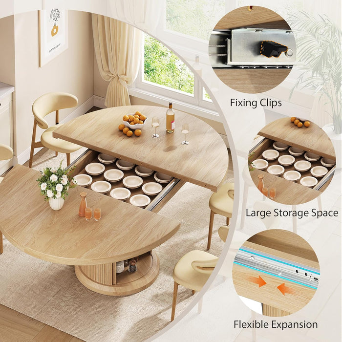 47″–63″ Extendable round Dining Table for 4–8 with Dust-Proof 2-Tier Storage Shelf Space-Saving Expandable Dining Room Table Wood Oval Circle Dining Table with Pedestal Base (Natural)