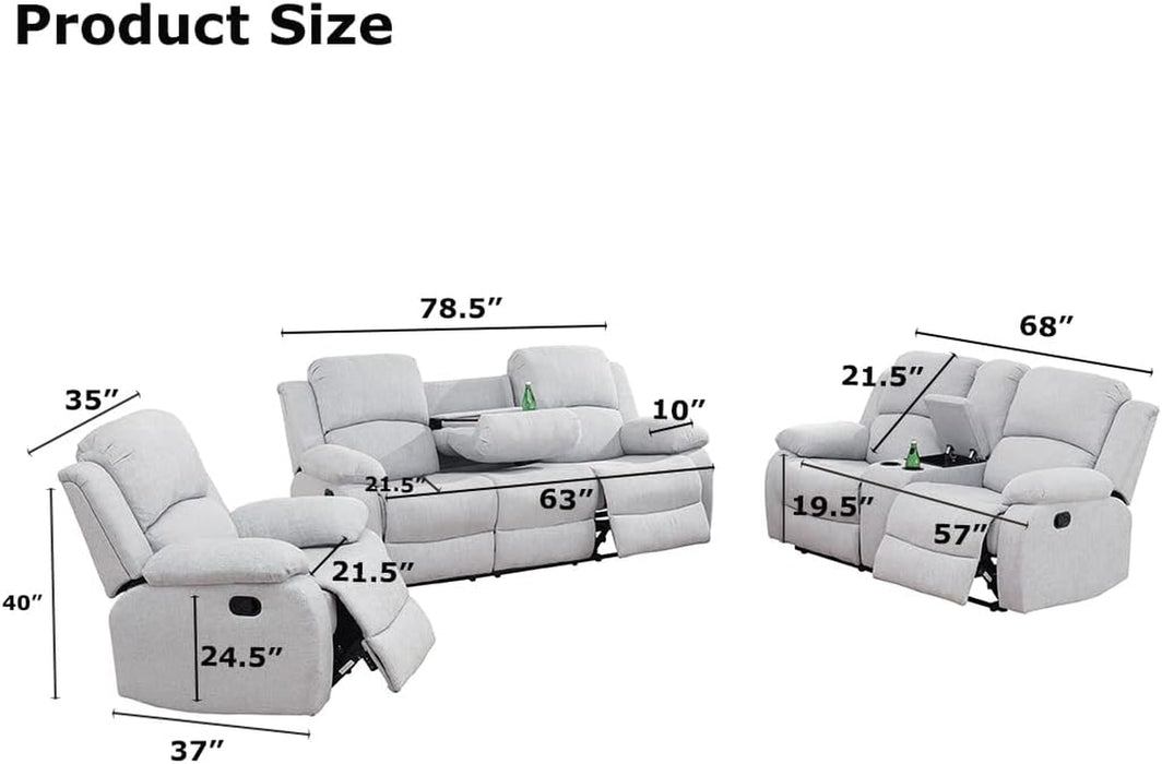 Manual Reclining Couch Sofa Set with Drop-Down Table, 3 Pieces Grey White Linen Recliner Couch Sets, Living Room Furniture Sets, Recliner Sofa with Storage Console/Cup Holder for Home