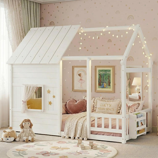 White Twin House Bed With LEDBookshelfIllumination