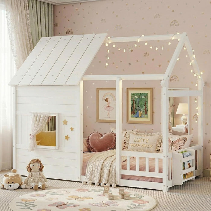 White Twin House Bed With LEDBookshelfIllumination