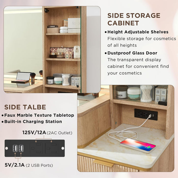 Fluted Makeup Vanity Desk with 36" HD Lighted Mirror, 48" Big Modern Vanity Desk with Mirror and Lights, Dressing Table with 5 Drawers & Shelves, Glass Top for Bedroom (Natural Oak)