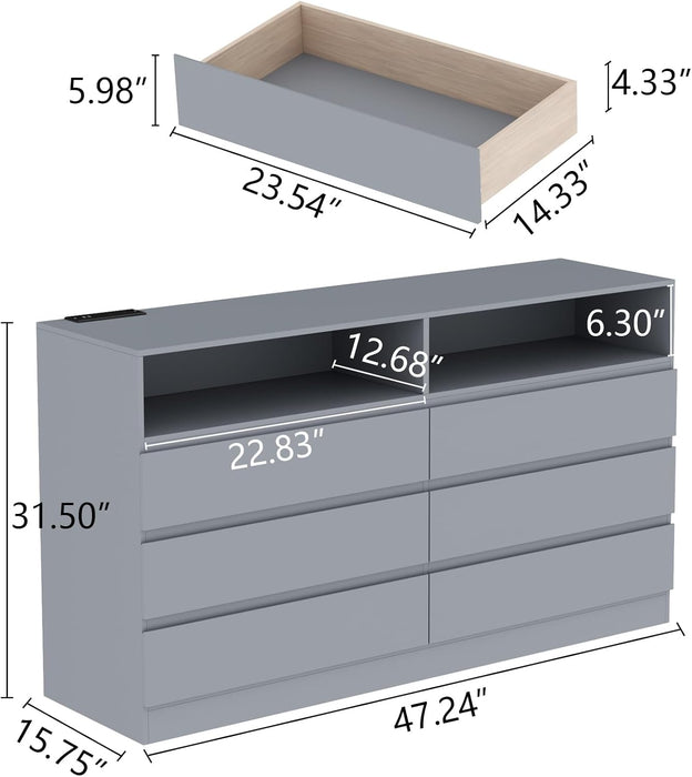 6 Drawers Dresser with Power Outlet, Accent Chests of Drawers with LED Light, Modern Storage Dresser for Bedroom, Living Room