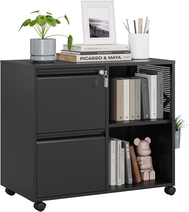 2 Drawer File Cabinet with Lock, Metal Lateral Rolling Printer Stand Filing Cabinets with Drawers for Home Office,A4, Letter Size File Folders(Black)