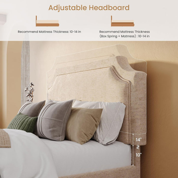 Chenille Queen Size Bed Frame with Belgrave Headboard, Beige