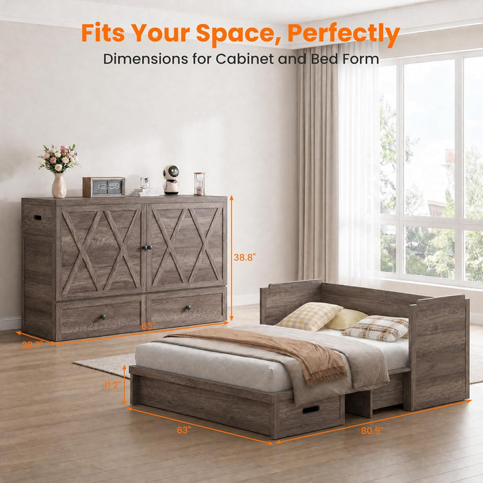 Murphy Bed Queen Mattress Included GreyFinish Drawer