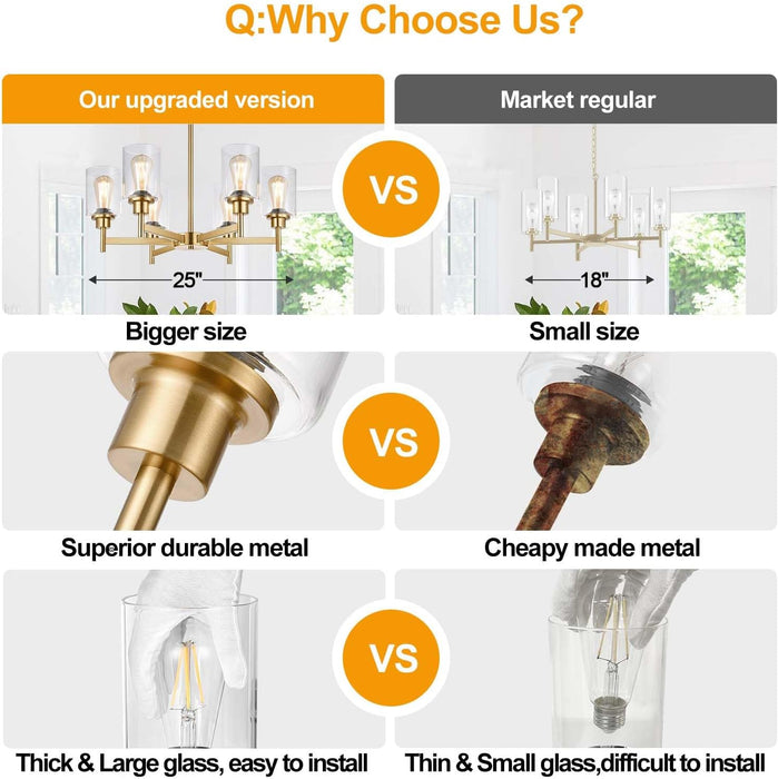 Brushed Gold Chandeliers, 6 Light Farmhouse Chandelier for Dining Room Light Fixtures over Table, Hanging Light Fixture with Clear Glass Shade for Kitchen Island Living Room Bedroom