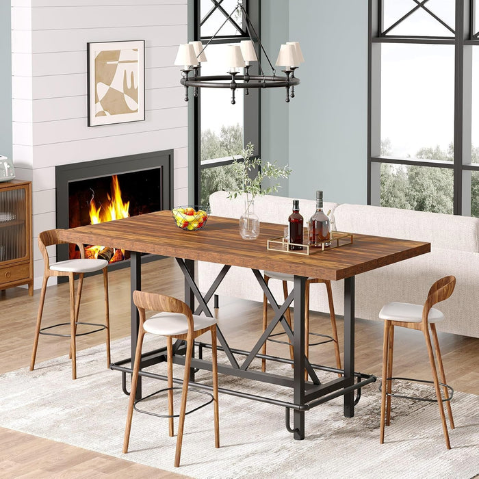 Dining Table for 6 People, Industrial Rectangular Kitchen Table with Metal Footrest, 35.43" Counter Height Dinner Table for Dining Room (Rustic Brown)
