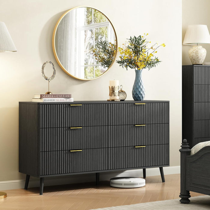 Fluted 6 Double Drawers Dresser for Bedroom, 55”Wide Modern Chest of Drawers with Deep Drawers,Curved Profile Design, Wood Drawer Organizer for Living Room, Hallway, Dark Black