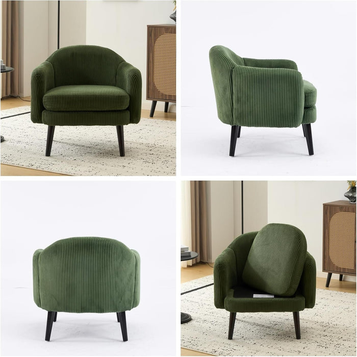 30.3" Wide Modern Barrel Accent Armchair with Track Armrest, Solid Wooden Legs, Comfy Upholstered Club Chair,Round Single Home Sofa for Living Room, Bedroom, Reading Room, Corduroy Green