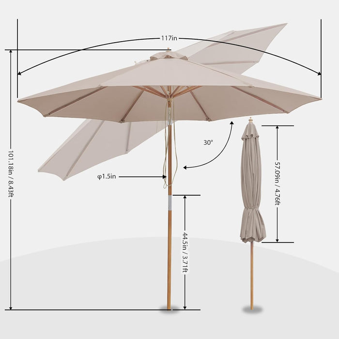 9FT/10FT Bamboo Patio Umbrella, Large Outdoor Umbrella with UPF 50+ Sun Protection, Rope Pulley Lift & Push-Button Tilt, 8-Rib Ventilated Canopy for Garden, Deck, Backyard & Outdoor Dining