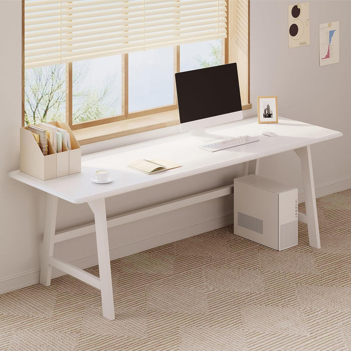 Solid Wood Writing Table - 72" W Minimalist Long Computer Desk, White