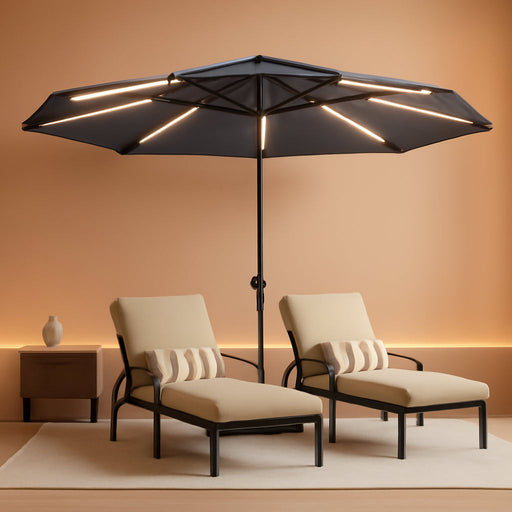15FT Patio Umbrella with Solar Light Bar, Large Double-Sided Outdoor Table Umbrella with Base, Crank, Steel Ribs and Pole for Patio, Beach Sun Umbrellas for Backyard, Poolside, Navy Blue