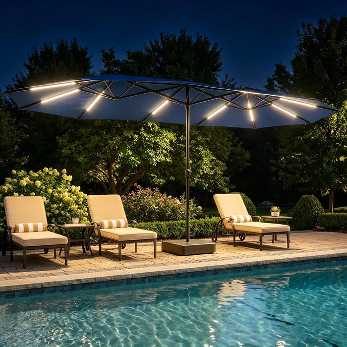 15FT Patio Umbrella with Solar Light Bar, Large Double-Sided Outdoor Table Umbrella with Base, Crank, Steel Ribs and Pole for Patio, Beach Sun Umbrellas for Backyard, Poolside, Navy Blue