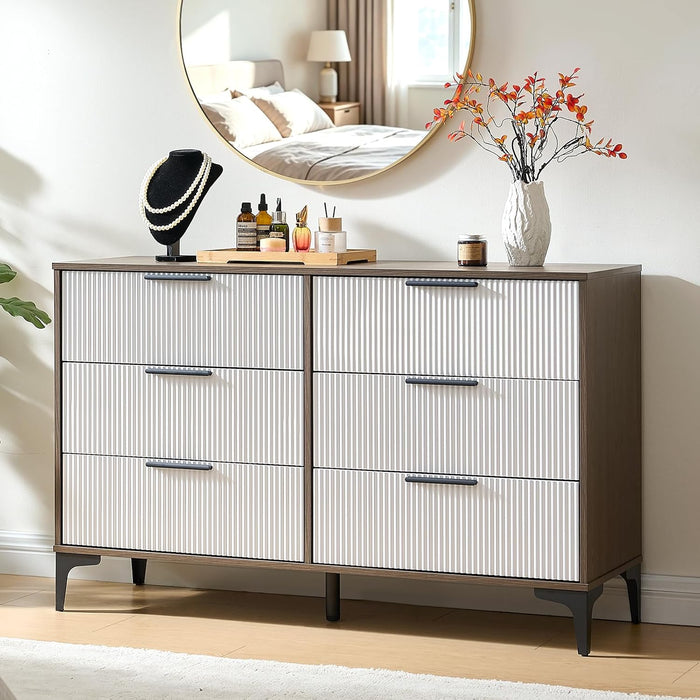 47" Wide Fluted 6 Drawer Dresser for Bedroom, Walnut/White