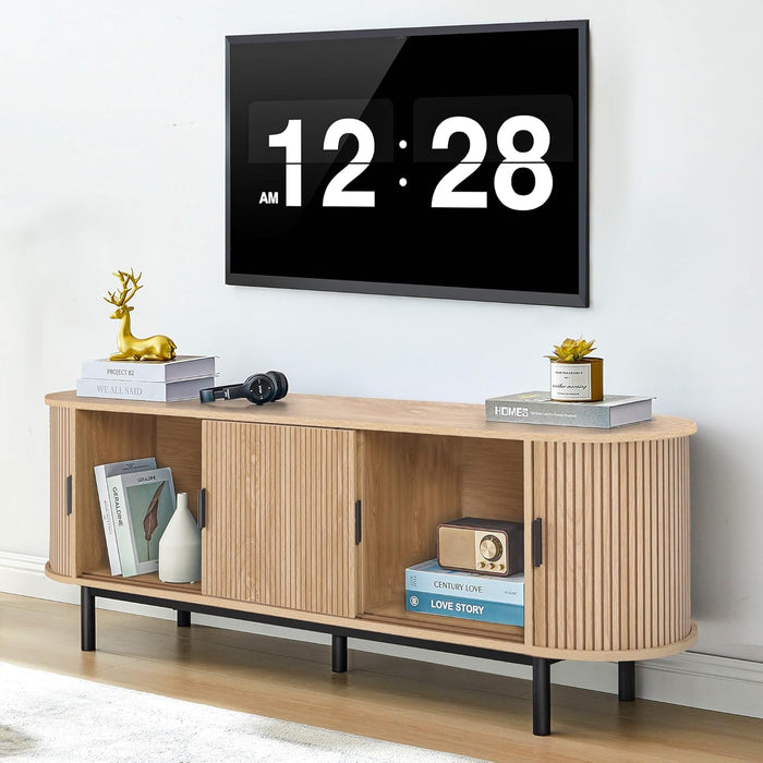 63" Fluted TV Stand for 65/70 Inch TV, Mid Century Modern TV Console with Sliding Doors, Curved Gaming Entertainment Center, Media Console for Living Room, Bedroom (Natural, 63Inch-4Doors)