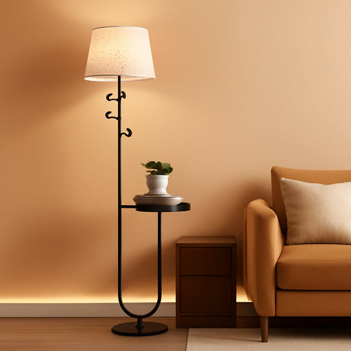 Floor Lamp with Table, Modern Standing Lamp with Shelf and Coat Rack, 3 Color Temperature Bulb Included, Side Table Floor Lamp for Living Room Bedroom Corner, Rustic Brown and Beige FE23LD05