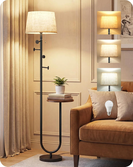 Floor Lamp with Table, Modern Standing Lamp with Shelf and Coat Rack, 3 Color Temperature Bulb Included, Side Table Floor Lamp for Living Room Bedroom Corner, Rustic Brown and Beige FE23LD05