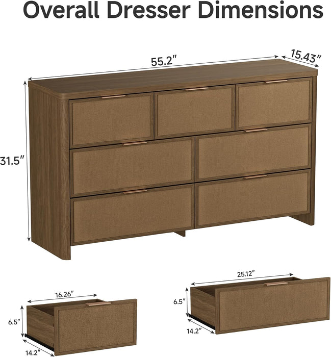 Rattan 7 Drawer Dresser for Bedroom, 55" Wide Curved Dressers & Chests of Drawers with 7 Deep Drawers, Large Boho Wooden Dresser W/Gold Metal Handles for Bedroom Living Room, Walnut