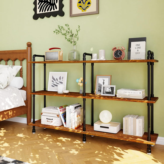 Industrial Bookshelf, Pipe Shelf Bookcase, 3 Tier, 60" Rustic Brown | Solid Pine Shelves, 60 Inch Wide, Black Pipe Frame, 70 Lbs per Shelf, Open Bookcase for Books, Plants, Office