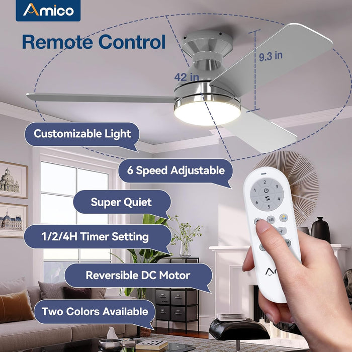 Ceiling Fans with Lights, 42 Inch Low Profile Ceiling Fan with Light and Remote Control, Flush Mount, Reversible, 3CCT, Dimmable, Noiseless, Nickel Ceiling Fan for Bedroom, Indoor/Outdoor Use