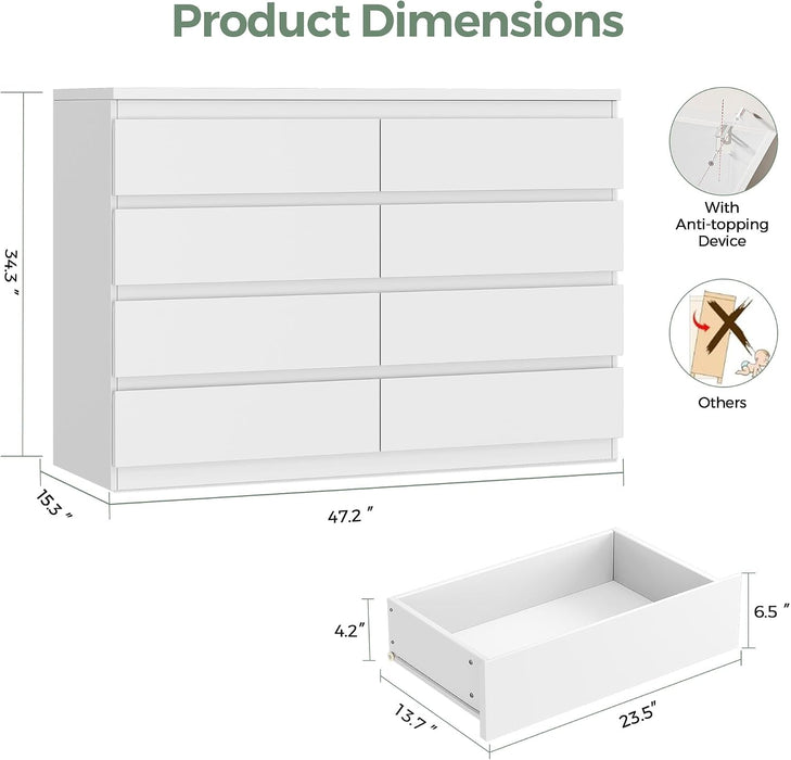 White 8 Drawer Dresser for Bedroom (15.3" D X 55.2" W X 32.3" H)