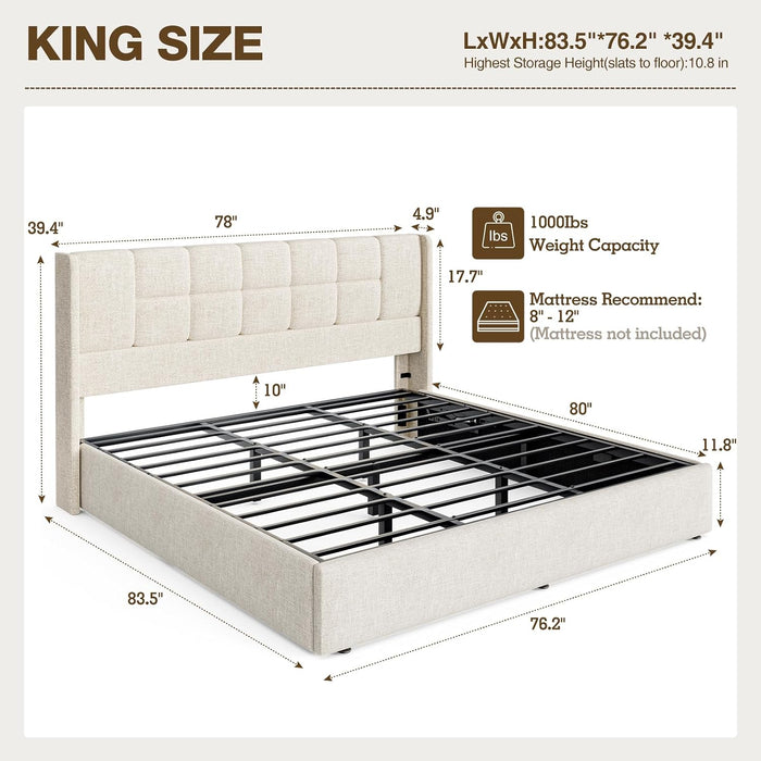 King Bed Frame with Hydraulic Gas Lift up Storage, Linen Upholstered