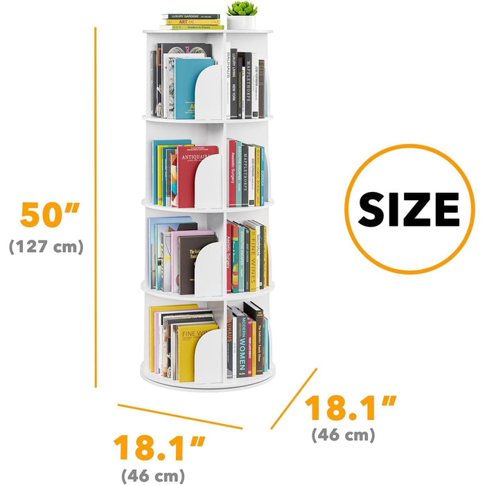 4 Tier Rotating Bookshelf Tower, Spinning Bookcase Lazy Susan, Revolving 360 Book Shelf Storage round Carousel, Vertical Rotate Turning Spiral Corner Organizer, White