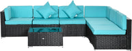 7-Piece Patio Furniture Sets Outdoor Wicker Conversation Sets All Weather PE Rattan Sectional Sofa Set with Cushions & Tempered Glass Desktop, Turquoise