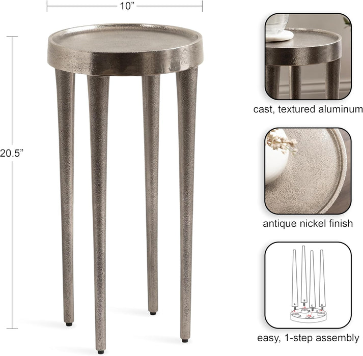 Rava Modern Metal round Drink Table, 10 X 10 X 21, Antique Nickel, Cast Aluminum Accent Table for Use as Indoor Plant Stand or Living Room Decor Piece