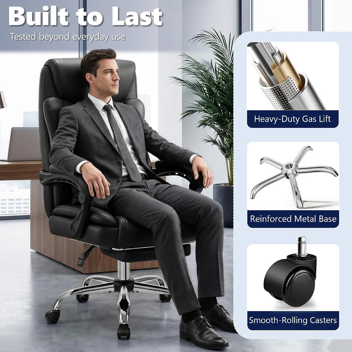 Ergonomic Office Chair Executive PU Leather High Back, 400Lbs Heavy Duty Reclining Desk Chair with Footrest, Adjustable Lumbar Support, Padded Armrests, Wide Seat, Black