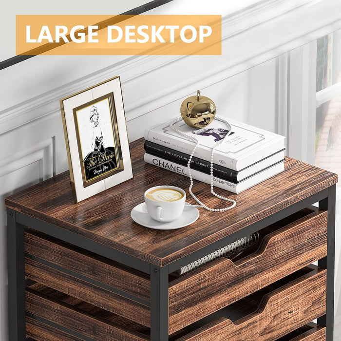 5 Drawer Chest, Wood Storage Dresser Cabinet with Wheels, Industrial Storage Drawer Organizer Cart for Office Bedroom Entryway (Rustic Brown, 1 PC)