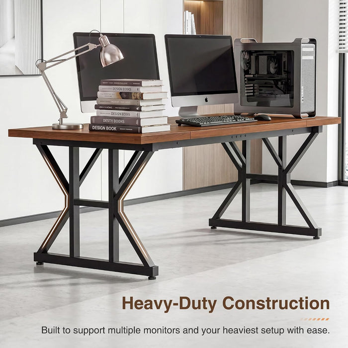 71 Inch Executive Desk, Large Computer Office Desk Workstation with Thick Desktop & Heavy Duty Metal Legs, Modern Industrial Writing Study Table for Home Office (Deep Brown/Black)