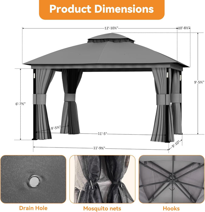 Patio Gazebo 11'X13' with LED Lights & Bluetooth Speaker, Heavy Duty Outdoor Canopy Shelter with Metal Frame, Double Roofs, Soft Top Gazebo with Netting and Curtains for Backyard, Gray