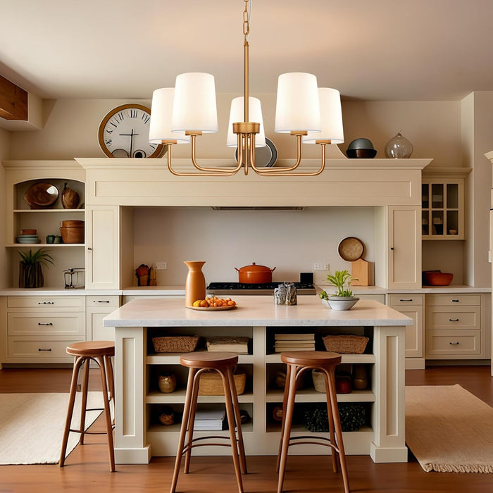 Farmhouse Chandelier, 5-Light Brass Chandelier with White Fabric Shade, Height Adjustable Modern Dining Room Light Fixture with E26 Base for Bedroom Foyer Hallway Entryway Kitchen Living Room