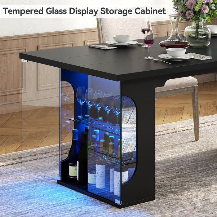 70.8" Large Dining Table with Glass Storage Cabinet & LED Lights, Modern Kitchen Table for 4-8, Rectangle Dining Room Table, Long Dinner Tables for Kitchen,Living Room(Black)