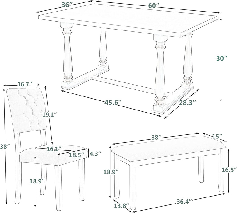 6 Piece Kitchen Dining Table Set, Wooden Rectangular Dining Table with Upholstered Bench and 4 Chairs, Dining Room Table Set for 6 People, Living Room Furniture (Gray, Beige Cushions)