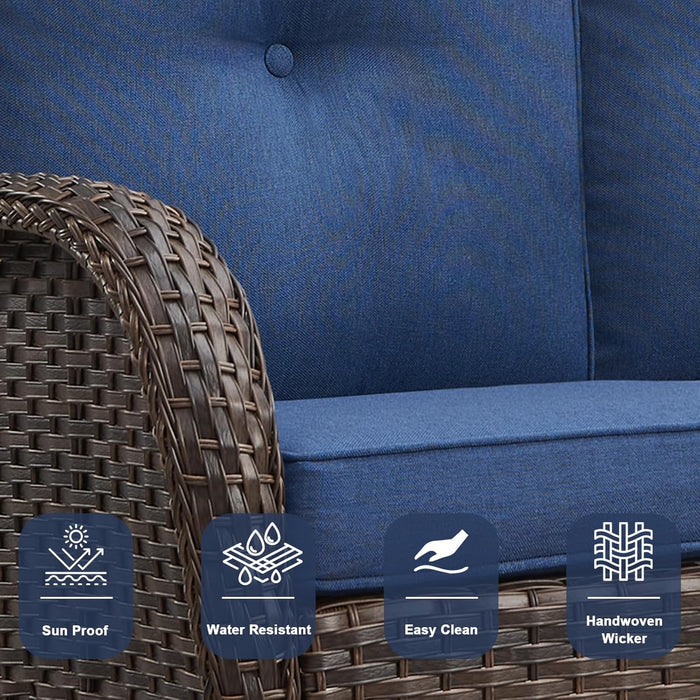 6 Piece Patio Conversation Sets - Wicker Patio Furniture Sets with Outdoor Swivel Rocker Chairs Outdoor Couch Perfect for Patio Deck Backyard, Brown Wicker Blue Cushion
