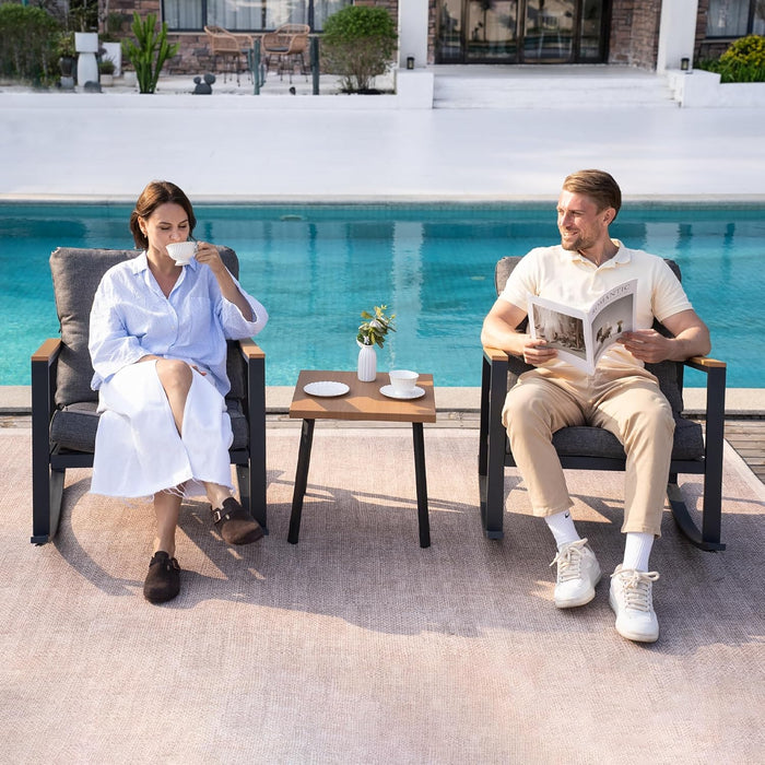 3 Pieces Rocking Bistro Set, Outdoor Patio Furniture Set with Thick Cushions and Coffee Table, Patio Conversation Sets for Garden, Balcony, Backyard, Grey