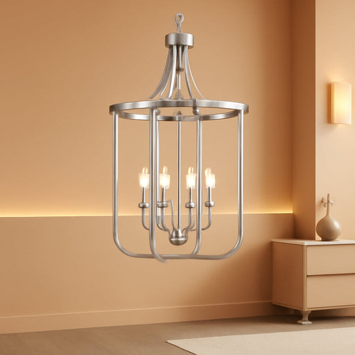 12.4" Brushed Nickel Lantern Chandeliers for Dining Room 4 Lights Farmhouse Geometric Cage Pendant Lighting Fixture Adjustable Height Hanging Lamp for Kitchen Island Entryway Living Room Foyer