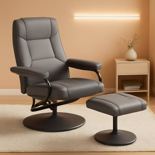 Recliner Chair with Ottoman, 360° Swivel Faux Leather Reclining Chair W/Adjustable Backrest, Footrest, Sturdy Metal Base, Upholstered Armchair for Living Room Bedroom Study, Office, Grey