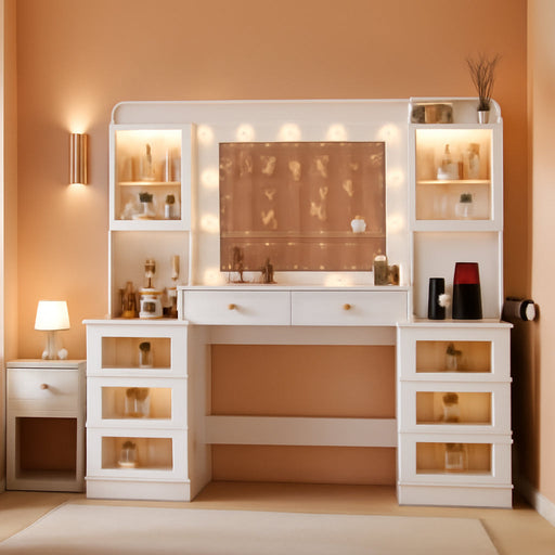 62 Inch Large Makeup Vanity Desk with Mirror and Lights 3 Color Lighting, Glass Top Vanity Table with Power Outlet and RGB Glass Cabinet, 8 Drawers Dressing Table for Bedroom and Dressing Room, White