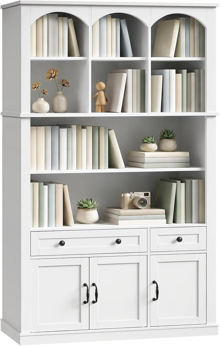 73.2" Tall Farmhouse Arched Bookshelf with Drawer and Door, 6 Tier Mid Century Modern Book Shelf and Bookcase with Storage, Floor Standing Display Cabinet for Living Room, Home Office, White