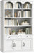 73.2" Tall Farmhouse Arched Bookshelf with Drawer and Door, 6 Tier Mid Century Modern Book Shelf and Bookcase with Storage, Floor Standing Display Cabinet for Living Room, Home Office, White