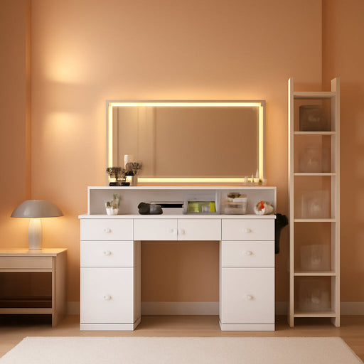 45" Large Makeup Vanitys with Mirror & Lights,Big Vanity Desk with 2 Side Shelves & Adjustable Brightness 3 Color Crystal Sparkle Led,Charging Station,26 Storage Areas for Girls Women White