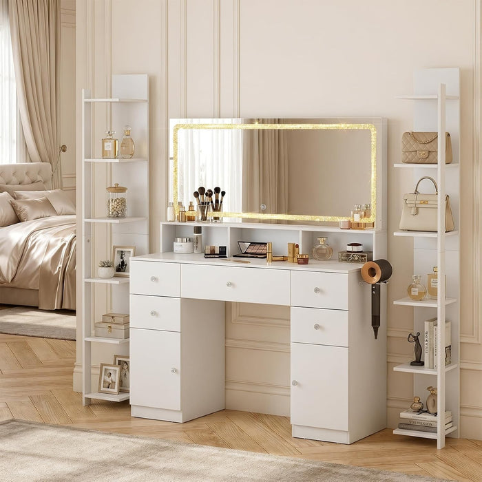 45" Large Makeup Vanitys with Mirror & Lights,Big Vanity Desk with 2 Side Shelves & Adjustable Brightness 3 Color Crystal Sparkle Led,Charging Station,26 Storage Areas for Girls Women White